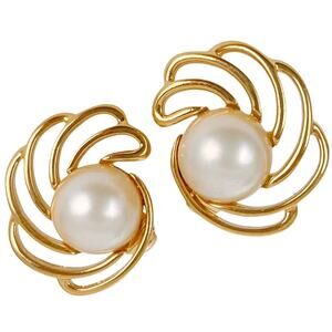 Vintage Signed Crown Trifari Earrings Gold Tone Faux Pearl Clip On Mid Century